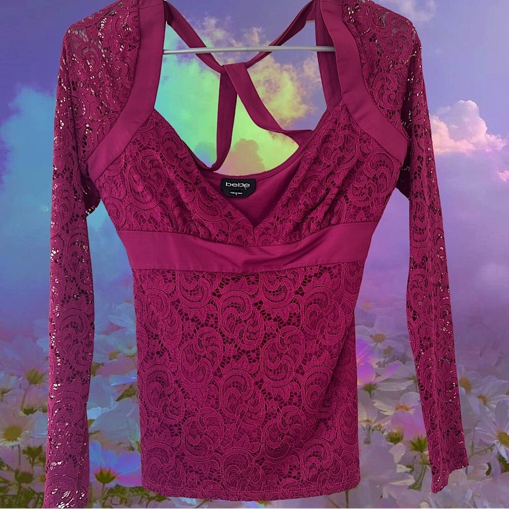 Bebe lace blouse floral pink purple stunning y2k strappy open Y back cute 2000s